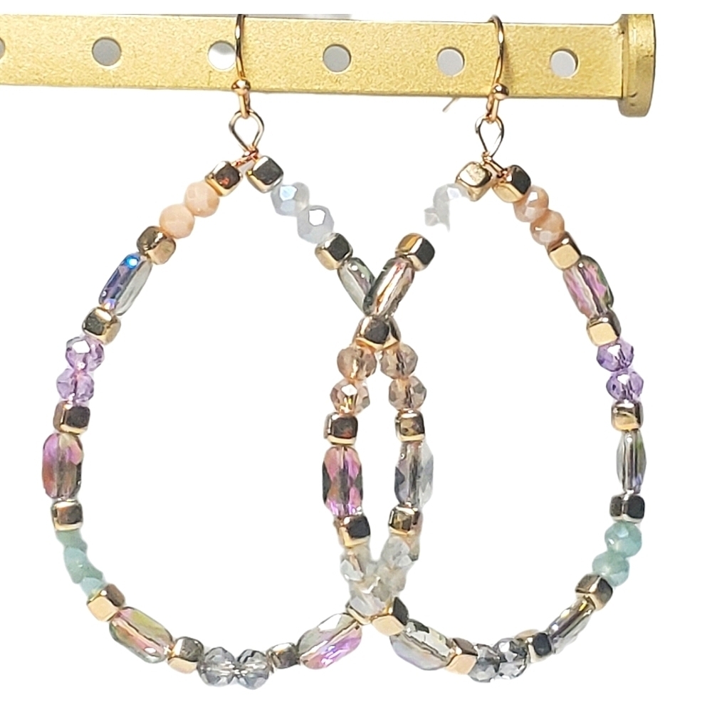 Iridescent Beaded Teardrop Earrings Large Shinny NWT Boho Party